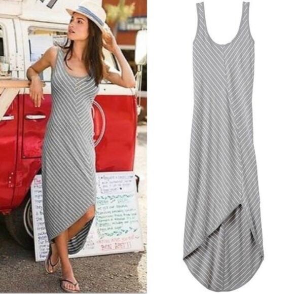 Athleta Cross Shore Heather Gray High Low Hem Chevron Striped V Back Maxi Dress - Picture 1 of 14